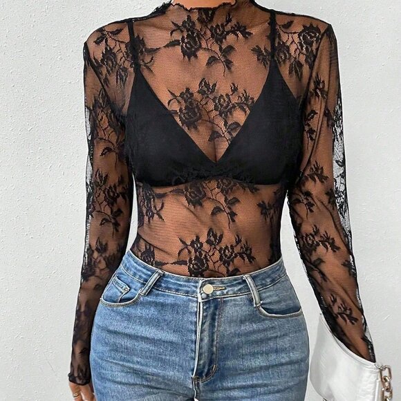 Black Sexy Women's Floral Lace Collar Long Sleeve Sheer Blouse - Picture 6 of 6